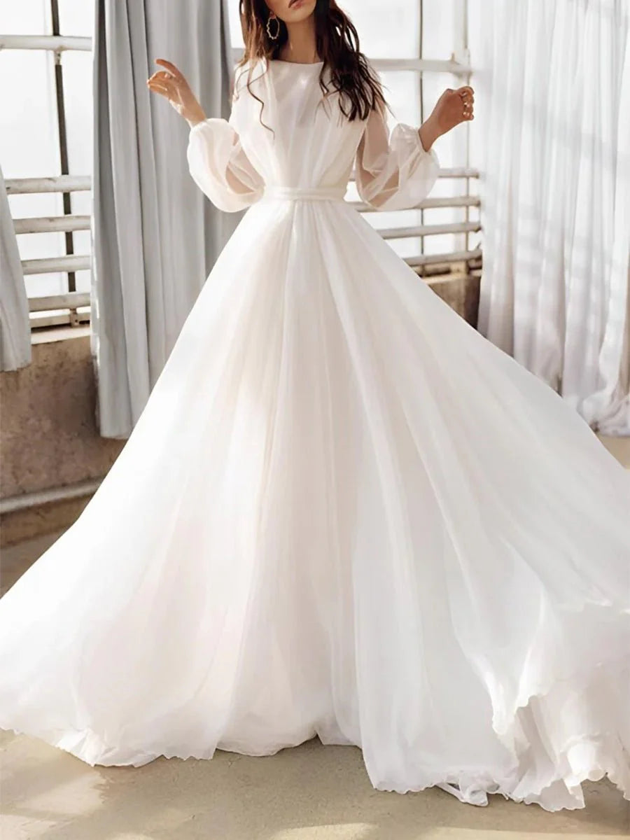 A Line Illusion Neck Long Sleeves Sweep Train Organza Wedding Dresses