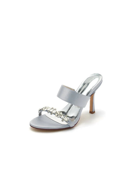Open Toe Satin Strap Slip On High Heels With Rhinestone