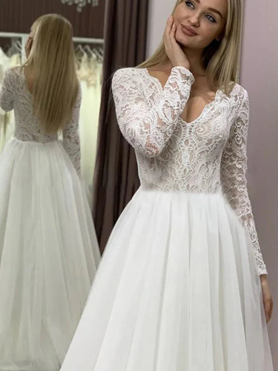 Bohemian Long Sleeves Lace Button Back A Line Modest Wedding Dresses