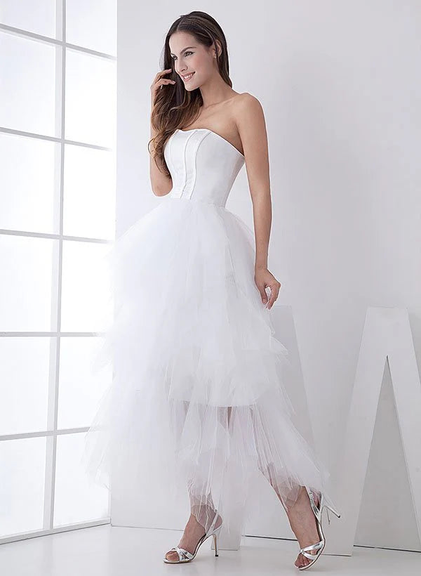 White Classic Strapless Satin High Low Wedding Dress