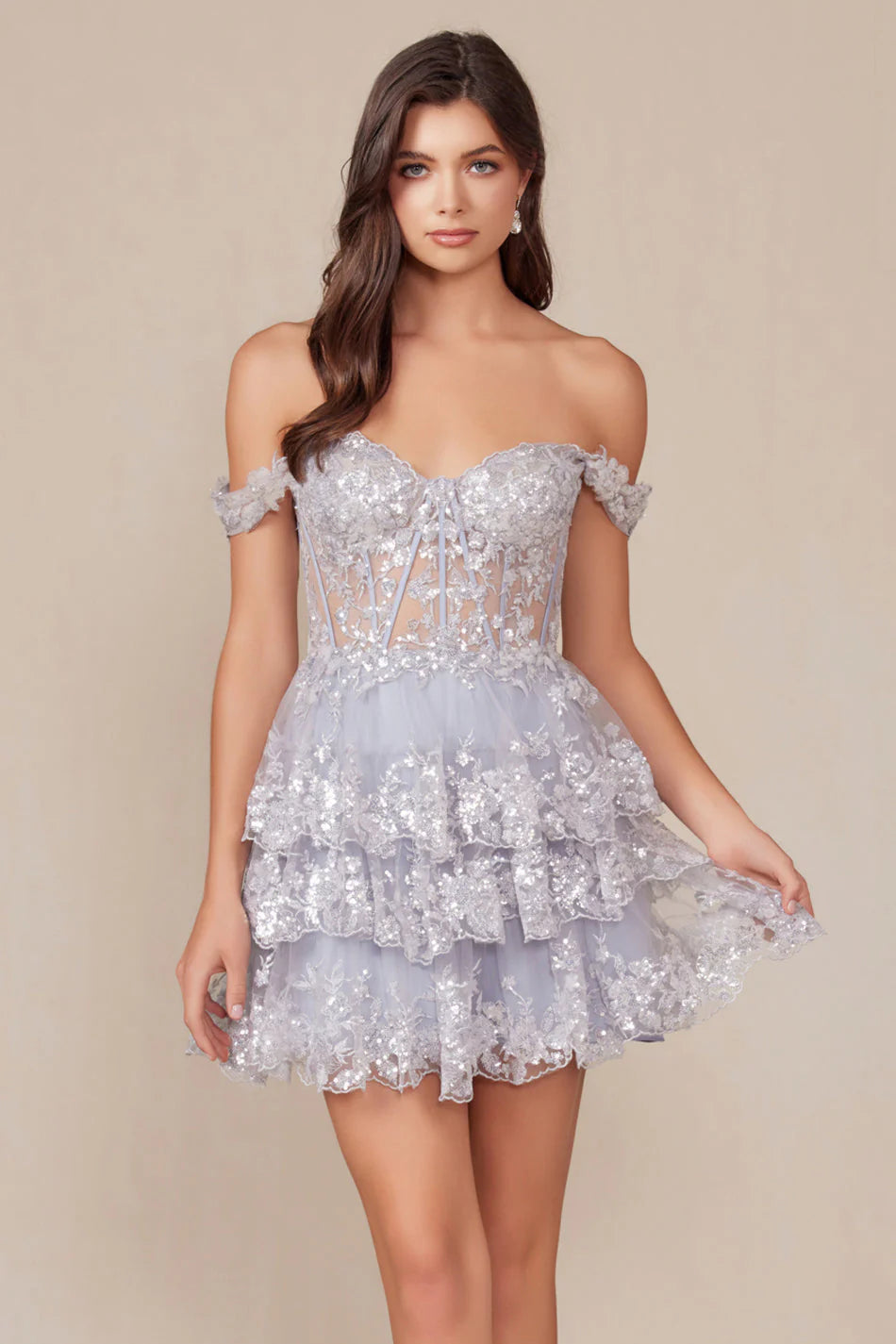 BRENNA MINI DRESS SILVER OFF SHOULDER TIERED SHORT DRESS