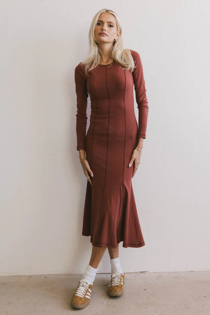 Fiona Ribbed Godet Dress in Rust FINAL SALE