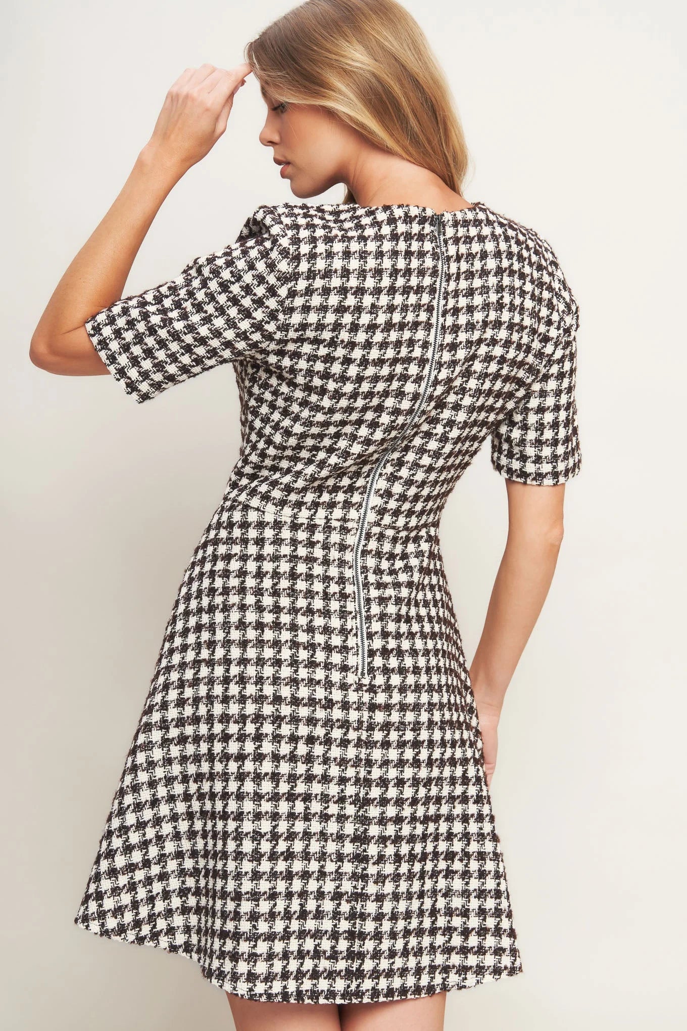 ELEGANT CHECK BROWN TWEED MINI DRESS FINAL SALE