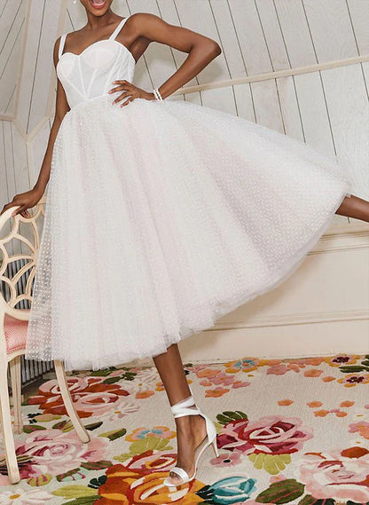 A Line Sweetheart Sleeveless Tulle Tea Length Wedding Dresses With Pleated