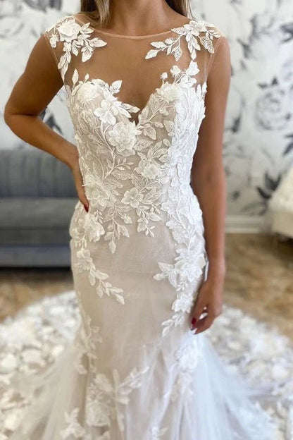 White Illusion Neck Appliques Mermaid Long Wedding Dress