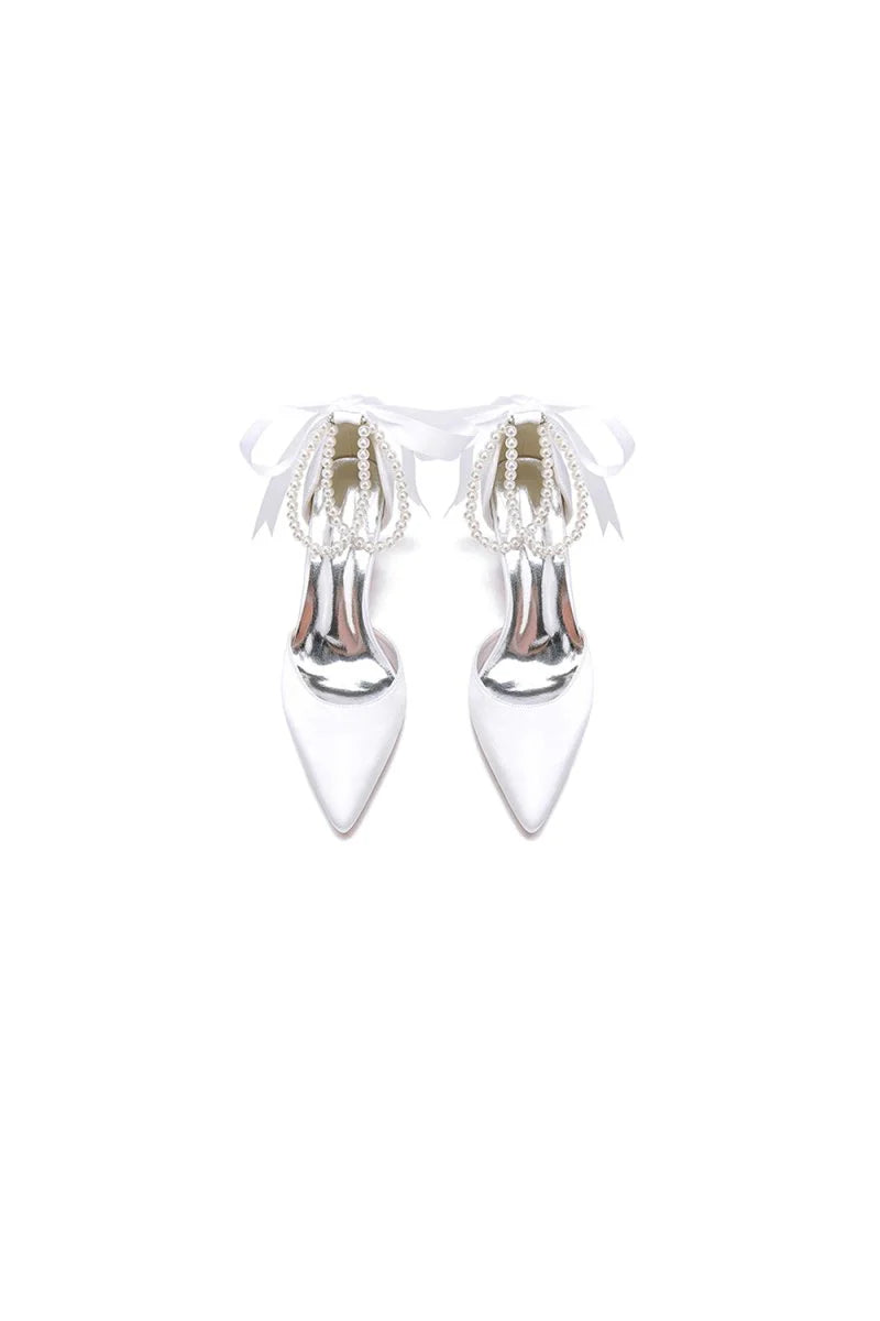 Pointed Toe Pearl Ribbon Ankle Strap Chunky Heel