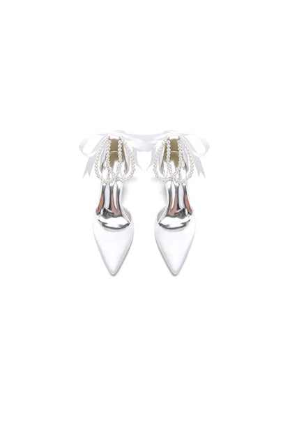 Pointed Toe Pearl Ribbon Ankle Strap Chunky Heel
