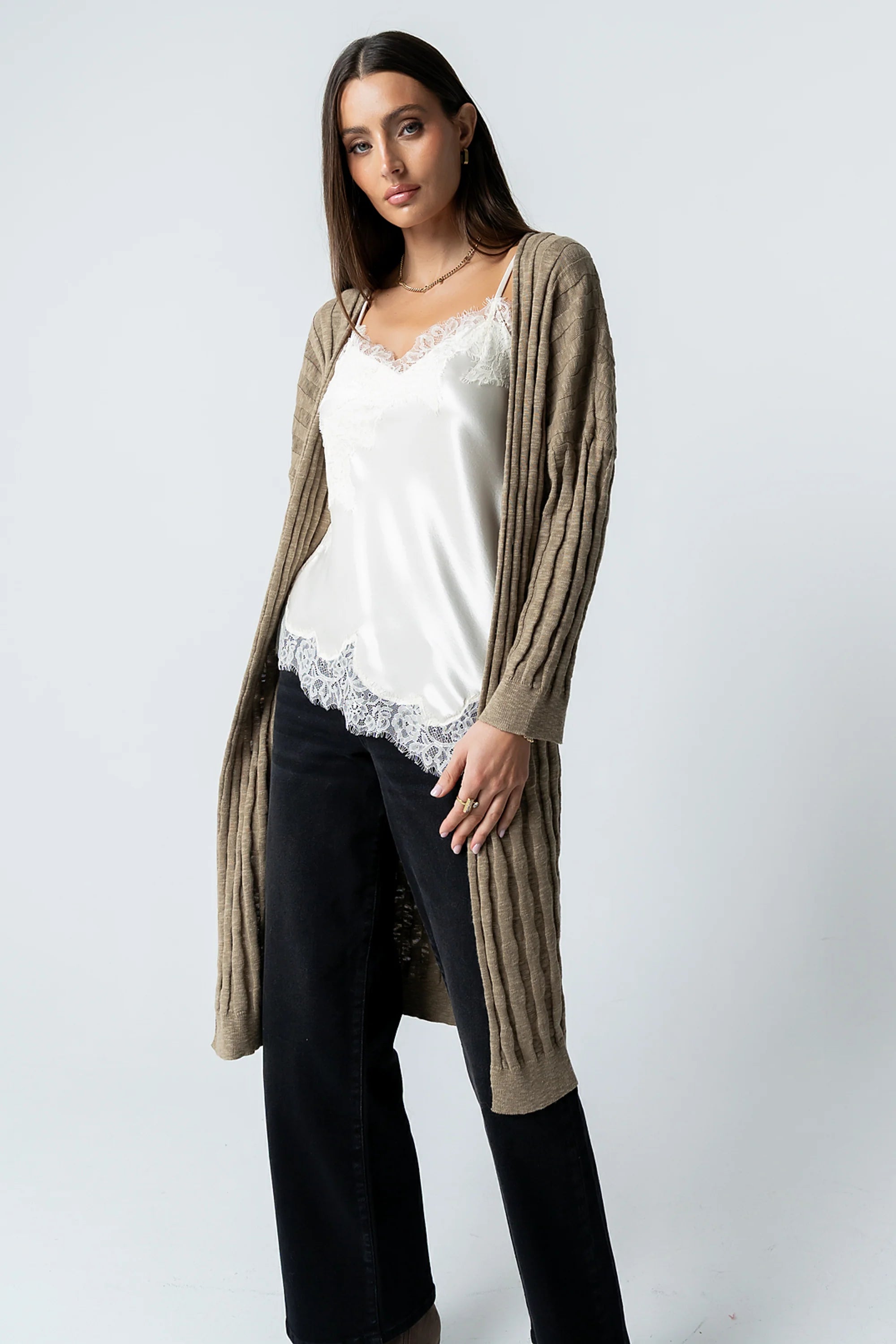 Eve Ribbed Duster in Taupe