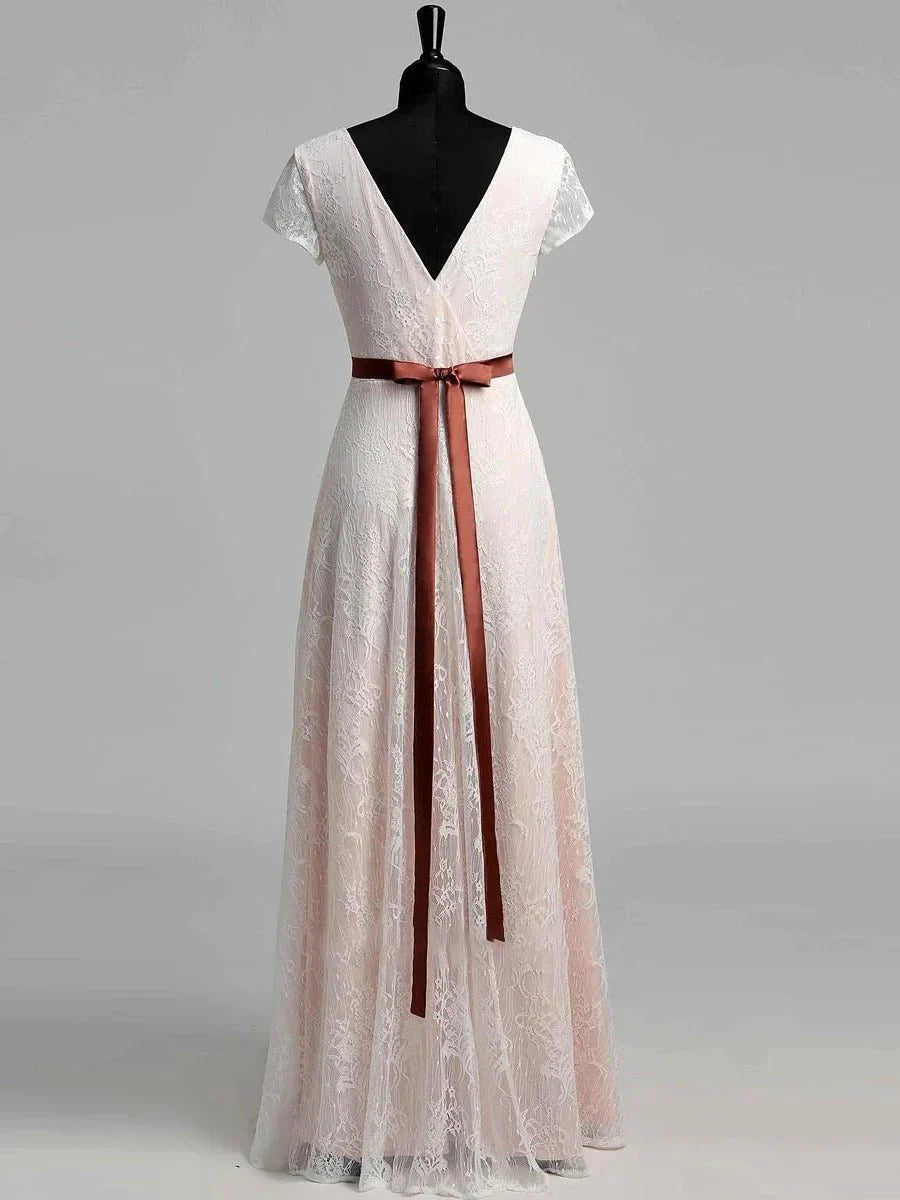 Short Sleeve V neck Pleated Long Lace Wedding Dress
