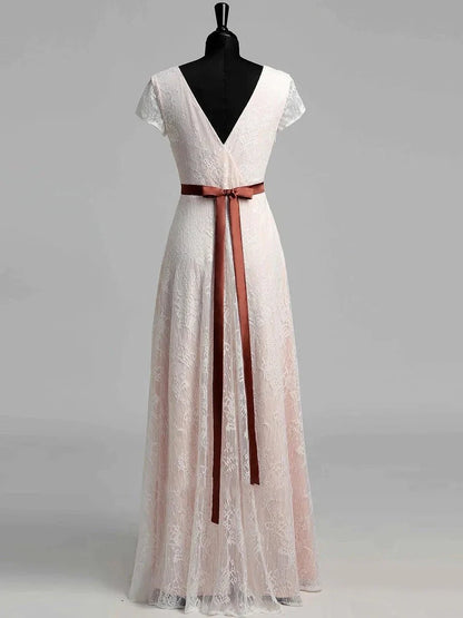 Short Sleeve V neck Pleated Long Lace Wedding Dress