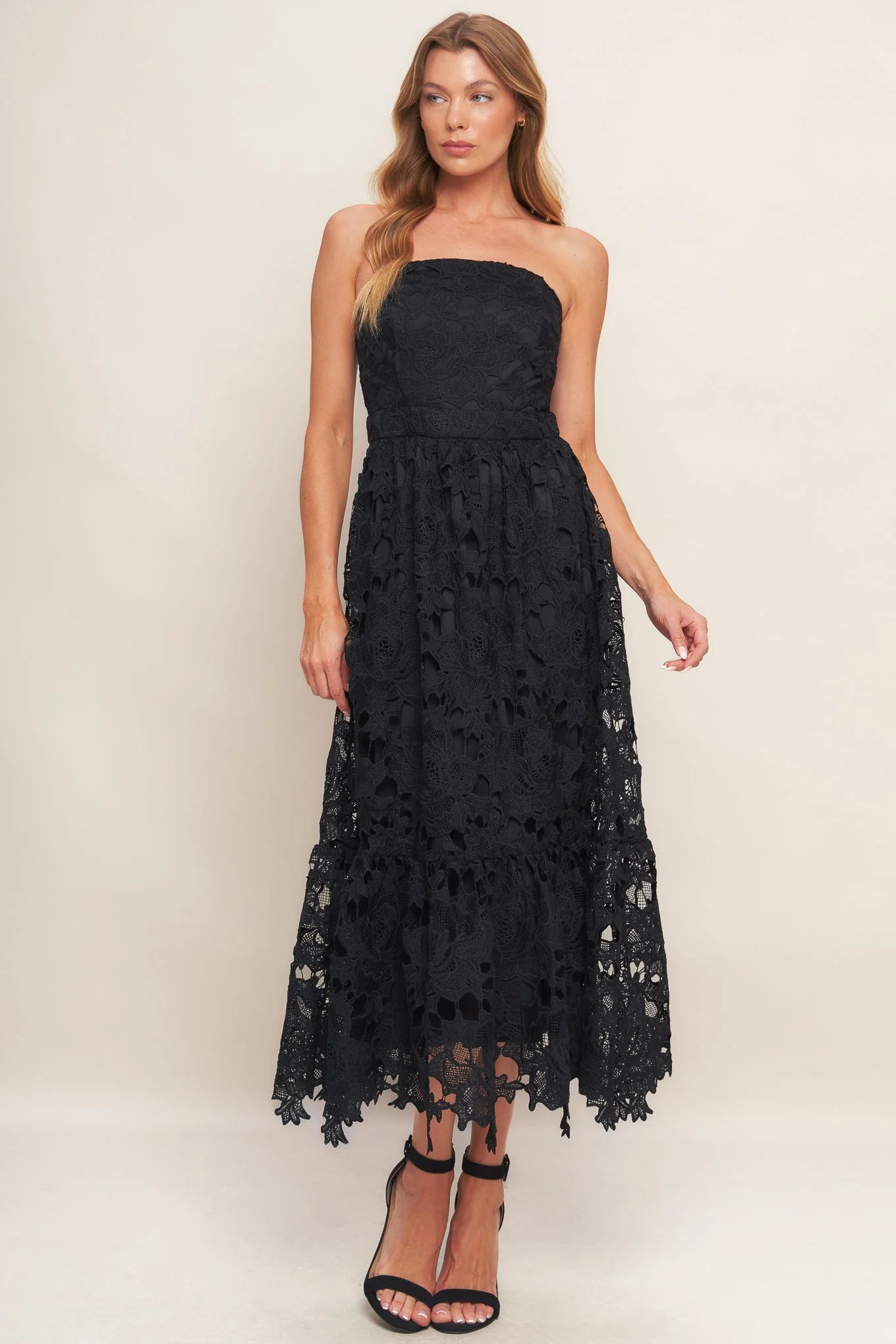 CAREFREE NIGHTS LACE MIDI DRESS BLACK