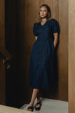Conley Pinstripe Midi Dress in Medium Wash