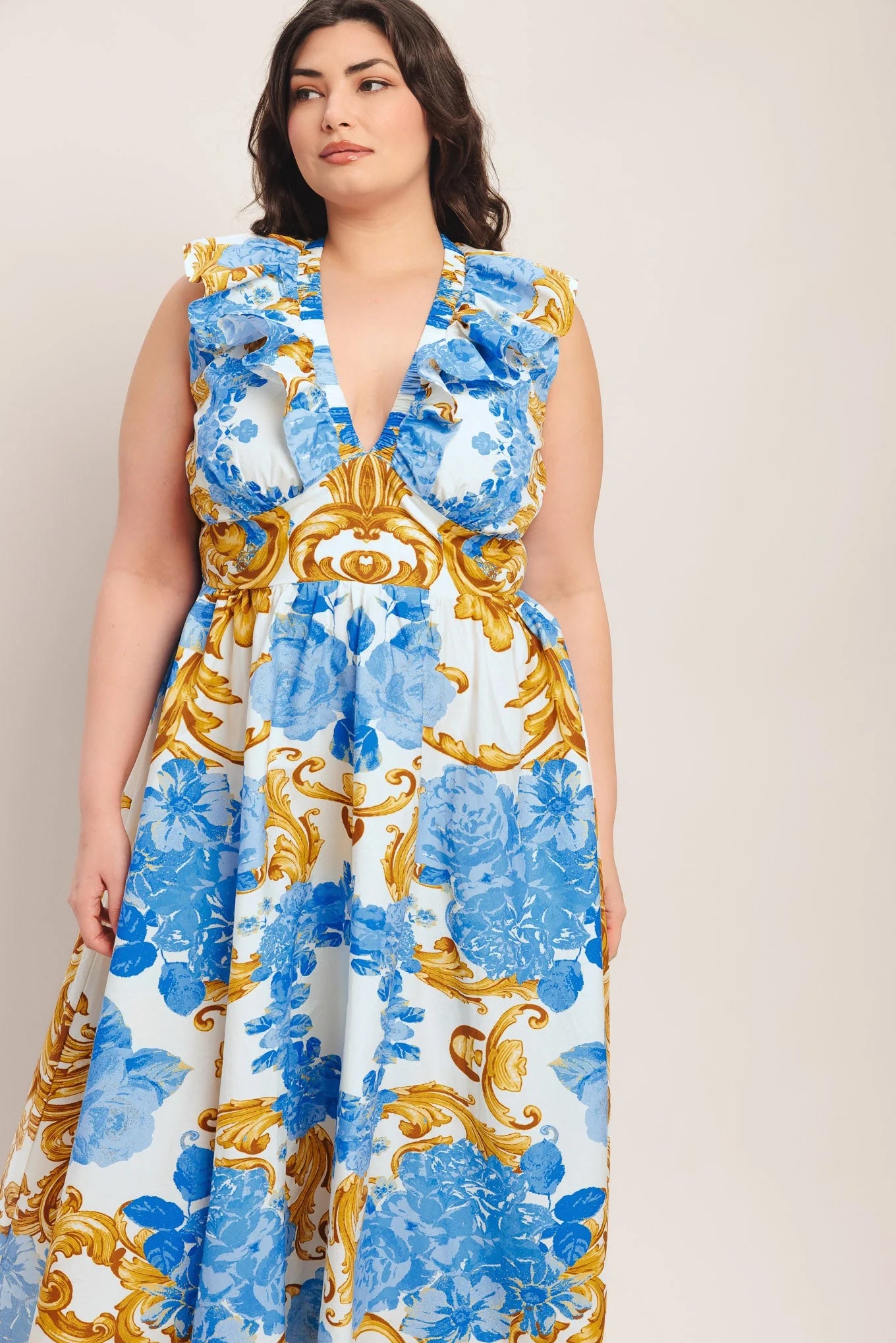 BAROQUE BLOOM BLUE MIDI DRESS