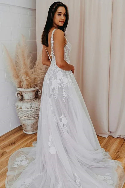 A Line V Back Long White Wedding Dress with Lace Appliqued