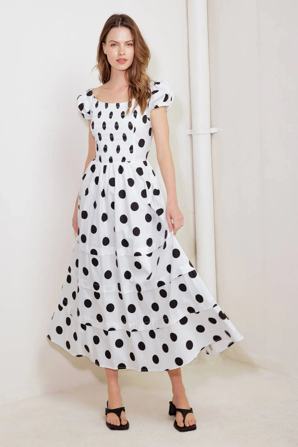 SHORT SLEEVE WHITE BLACK POLKA DOT MIDI DRESS