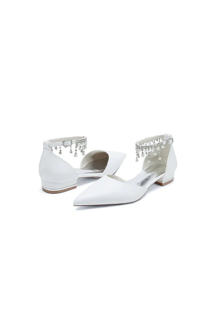 White Pearl Beaded Ankle Strap Pointed Toe Low Heels