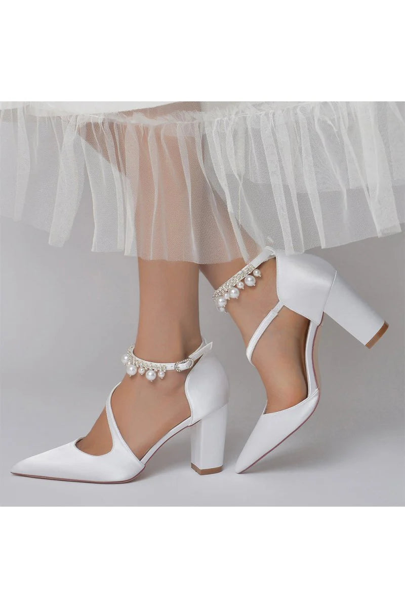 White Satin Heels with Cross Strap Design and Pearl Accented Buckle