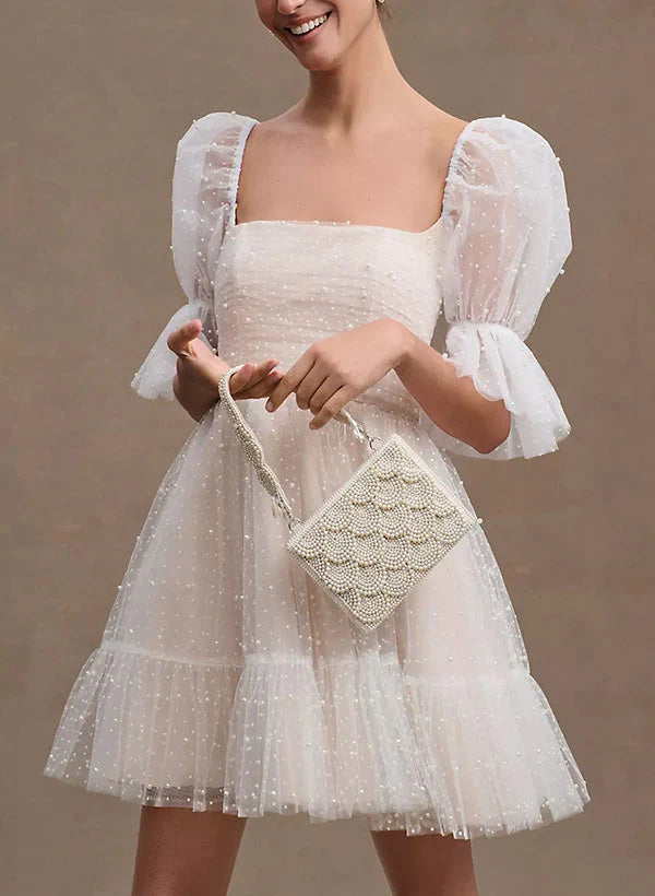 Pearl Short Reception Wedding Dresses With Bubble Sleeves