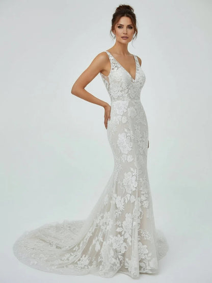 Floral Lace Appliques V Neck Sleeveless Mermaid Boho Wedding Dresses