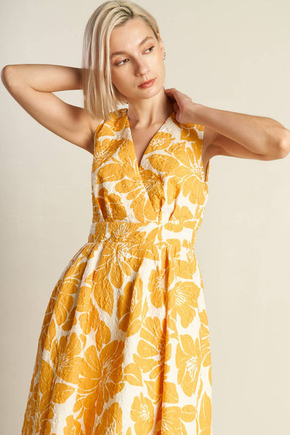 BOLD BLOOMS MUSTARD YELLOW MIDI DRESS