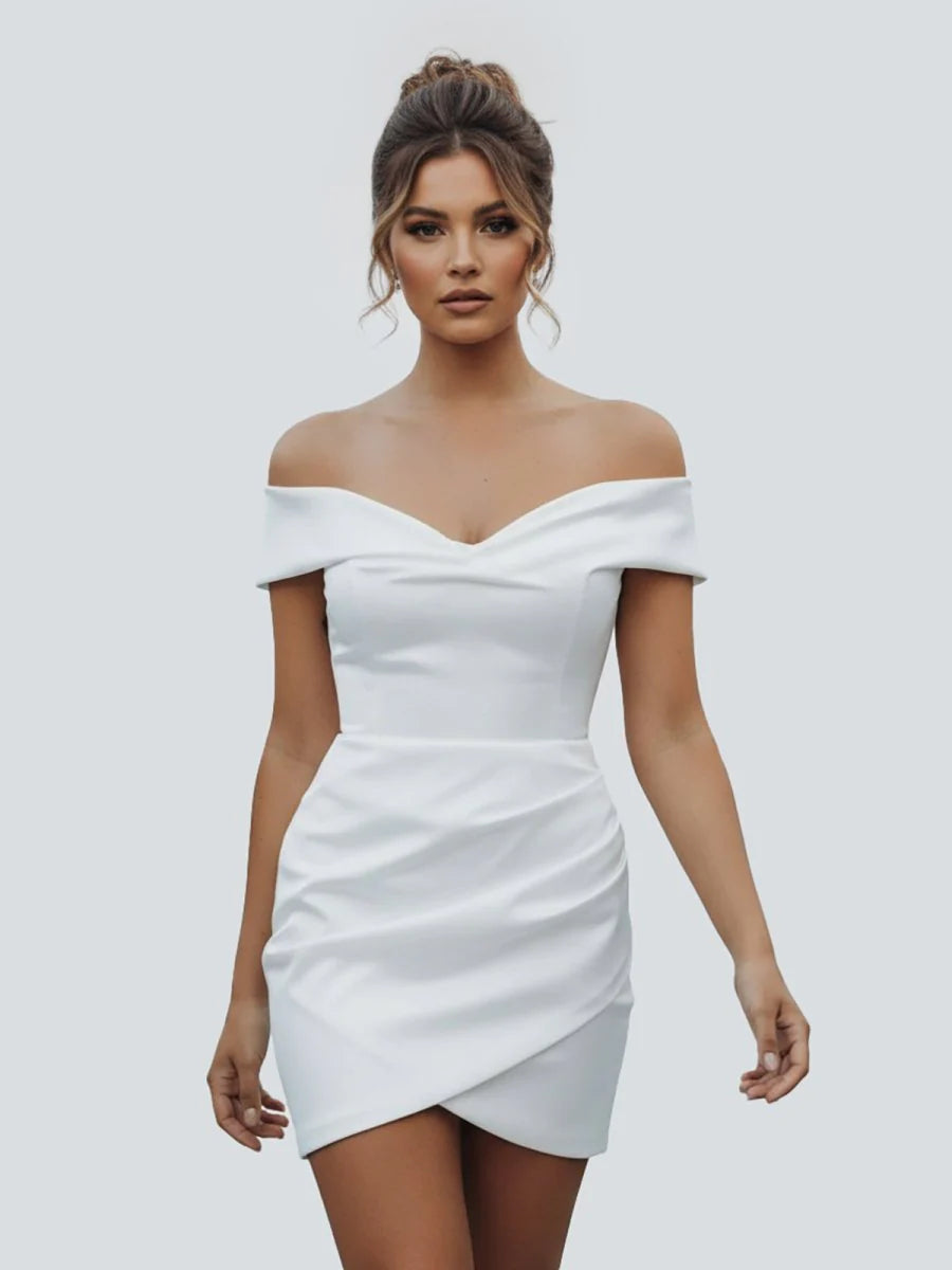 Sheath Off the Shoulder Satin Simple Wedding Dress Sleeveless Short Hemline
