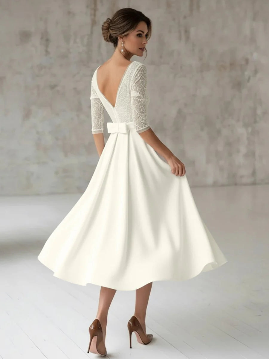 Satin V neck A Line Tea length Wedding Dress with Ruching and Sash