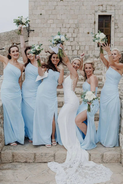 Sheath One Shoulder Light Blue Chiffon Slit Bridesmaid Dress