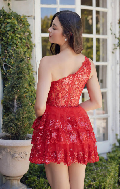 CHRISTIE MINI DRESS RED ONE SHOULDER TIERED SHORT DRESS