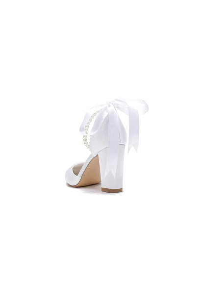 Pointed Toe Pearl Ribbon Ankle Strap Chunky Heel