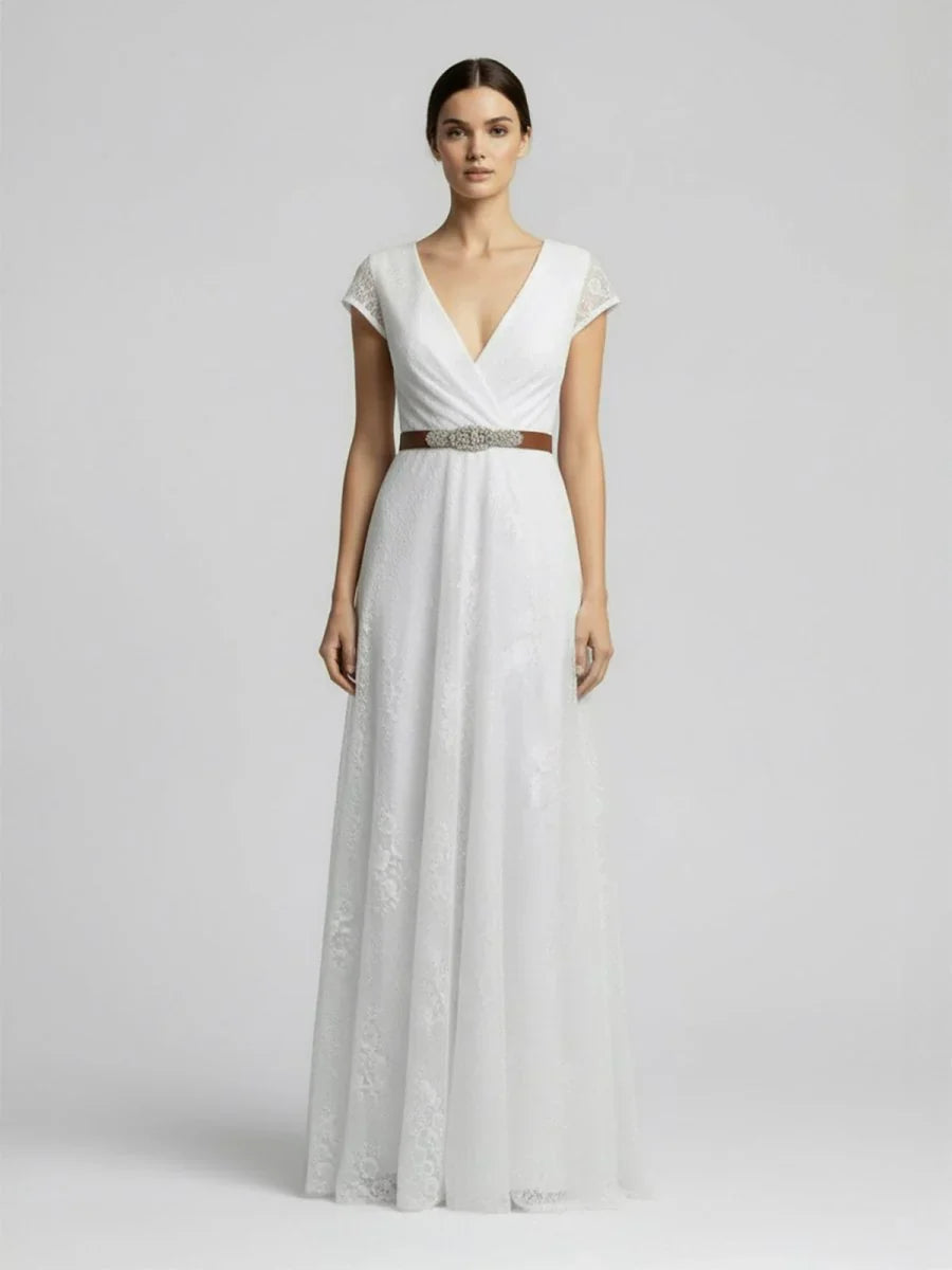 Short Sleeve V neck Pleated Long Lace Wedding Dress