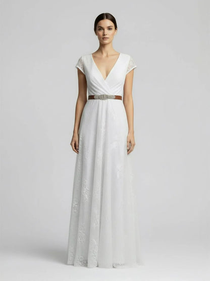 Short Sleeve V neck Pleated Long Lace Wedding Dress