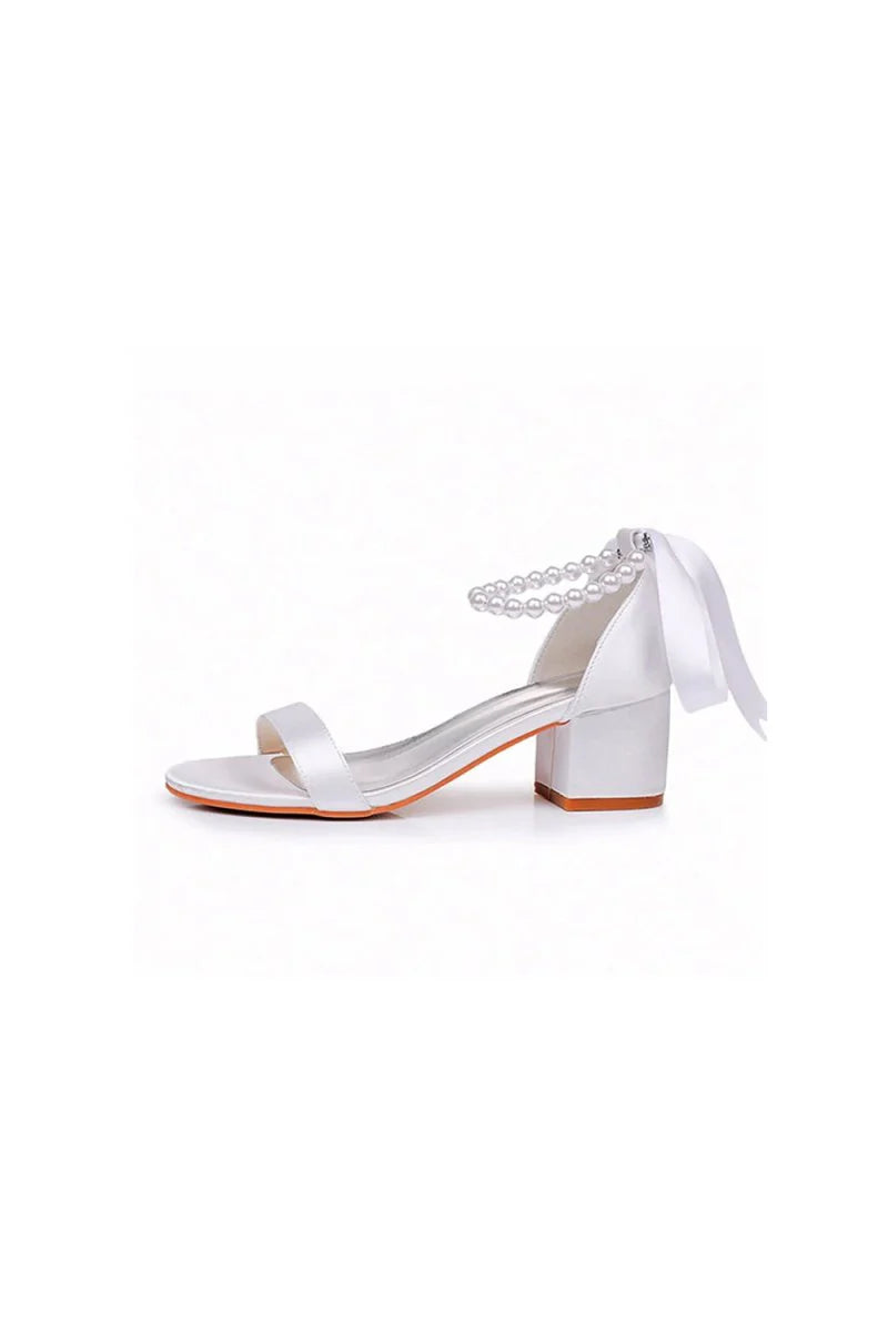 Single Strap Chunky Heels Sandals with Beaded Ribbons