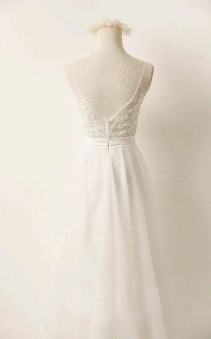 A Line Tulle Lace V Neck Wedding Dress With Sweep Train