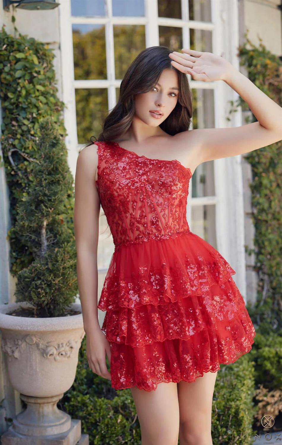 CHRISTIE MINI DRESS RED ONE SHOULDER TIERED SHORT DRESS