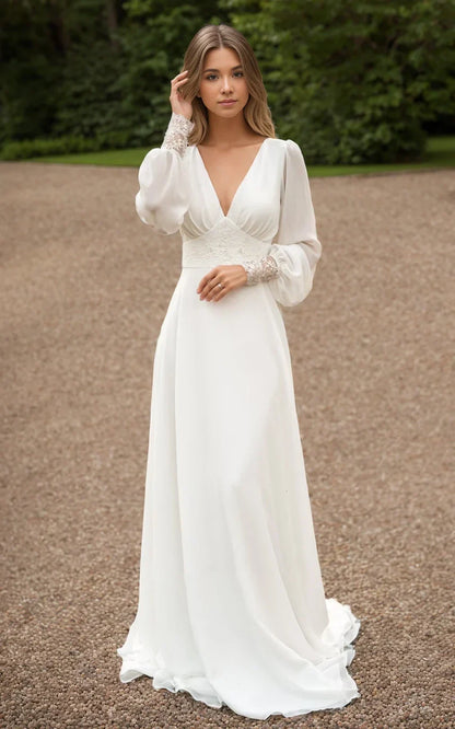 A Line Floor Chiffon Long Sleeve Wedding Dress with Sequins and Train
