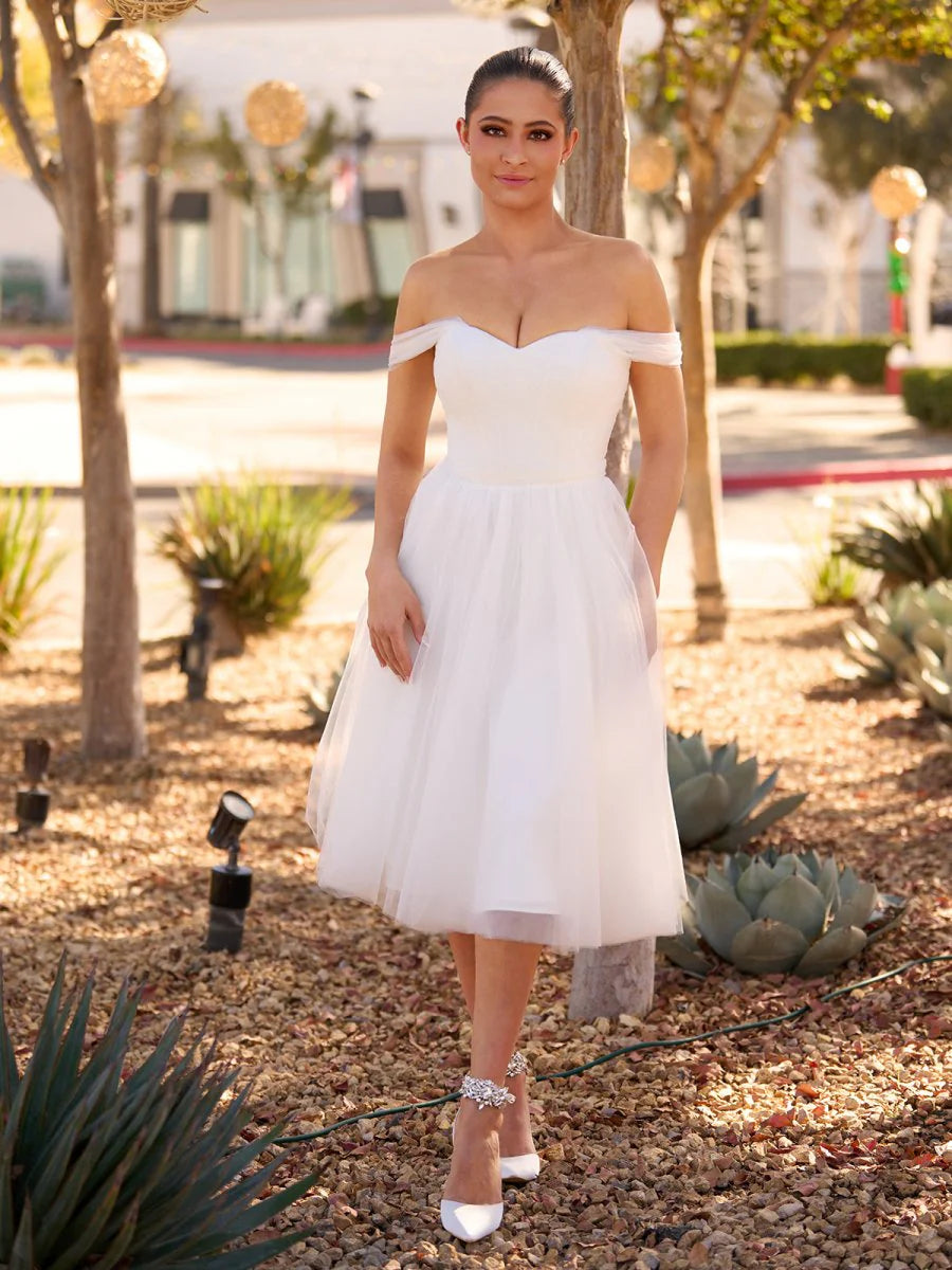 Sweet A Line Off The Shoulder Little White Tulle Wedding Dresses