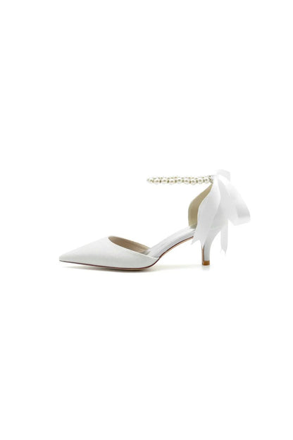 Pointed Toe Glitter Crystal Ribbons Faux Pearl Pumps