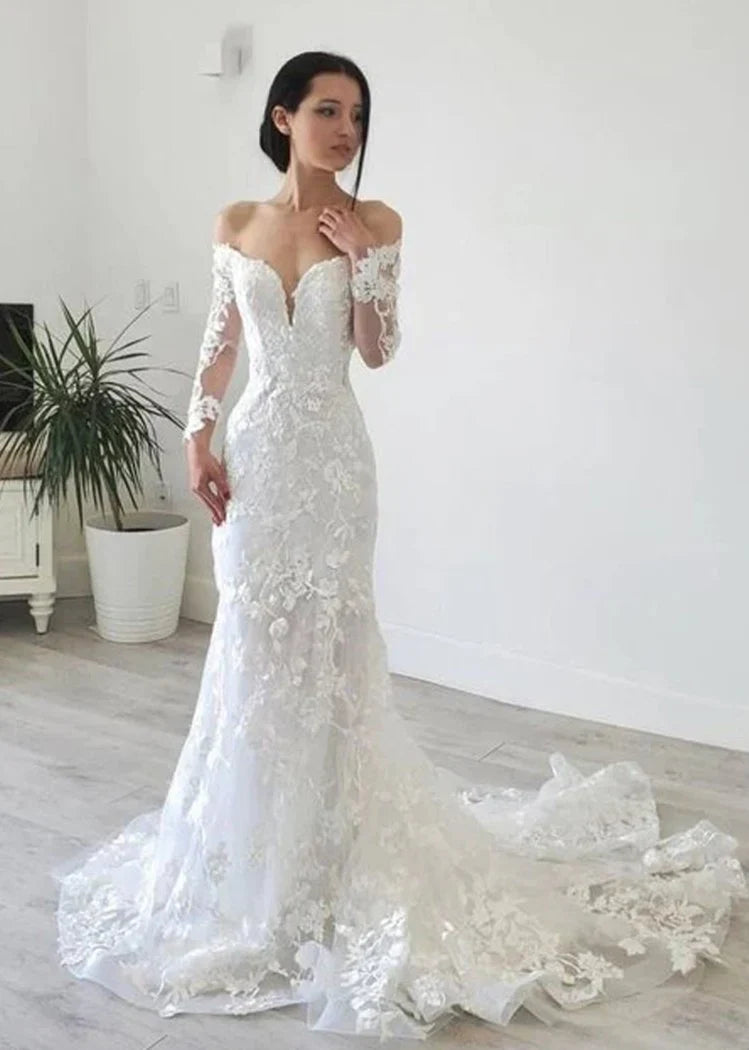 Elegant Mermaid Long Sleeve Off the Shoulder Lace Wedding Dress