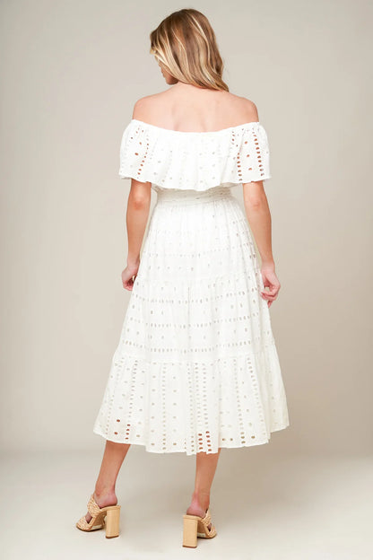CATCHING MY BREATH EYELET MIDI DRESS