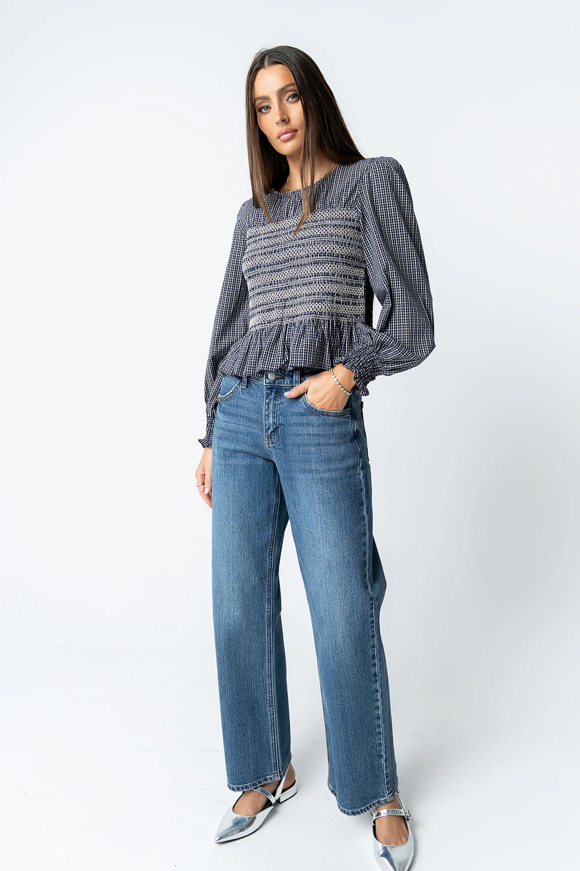 Kesley Smocked Blouse in Navy