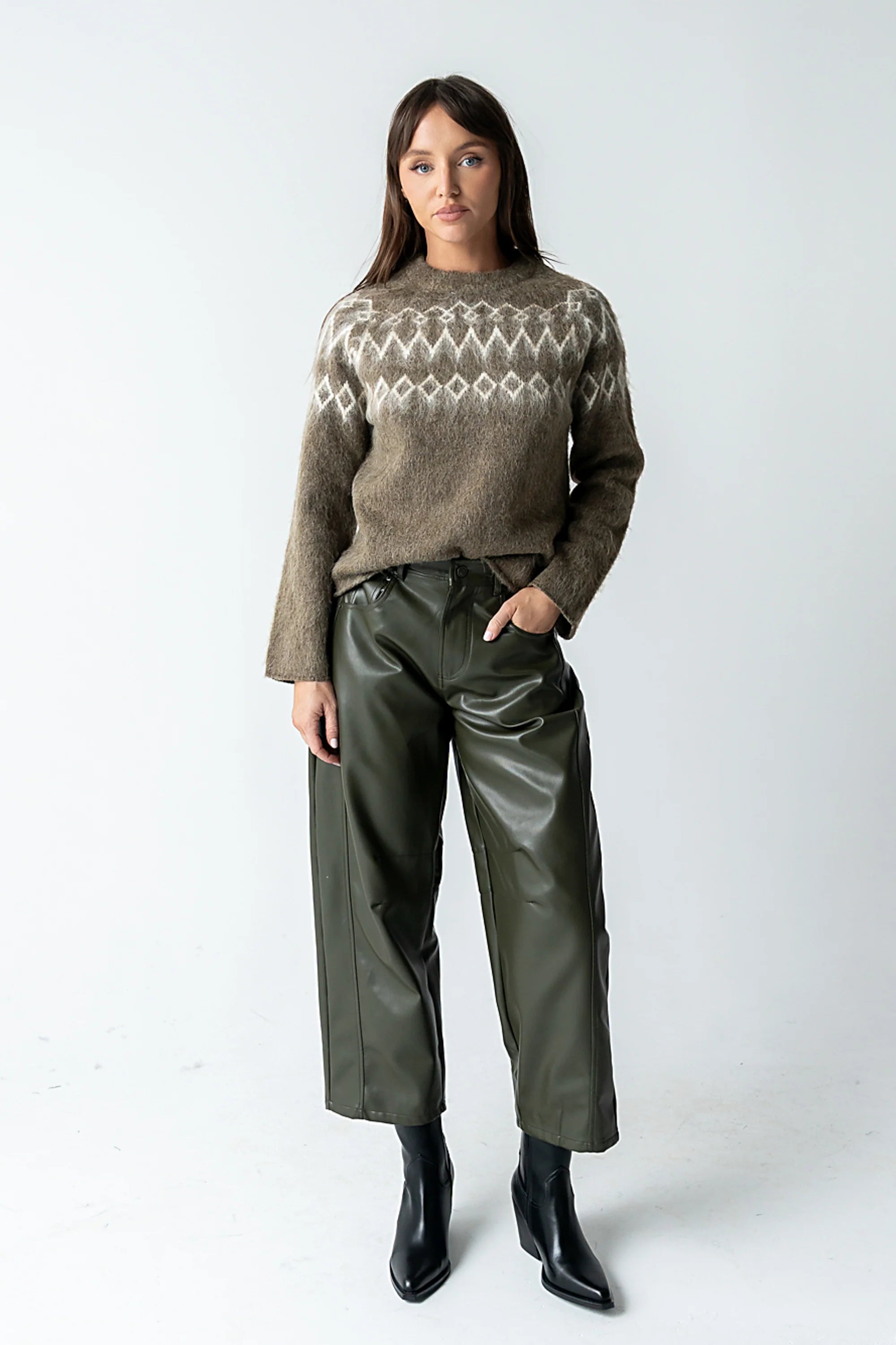 Langston Vegan Leather Barrel Jeans in Olive FINAL SALE