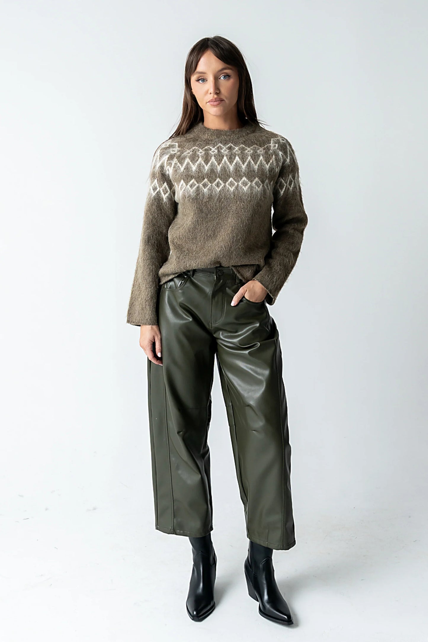 Langston Vegan Leather Barrel Jeans in Olive FINAL SALE