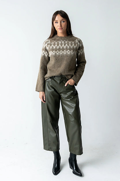 Langston Vegan Leather Barrel Jeans in Olive FINAL SALE