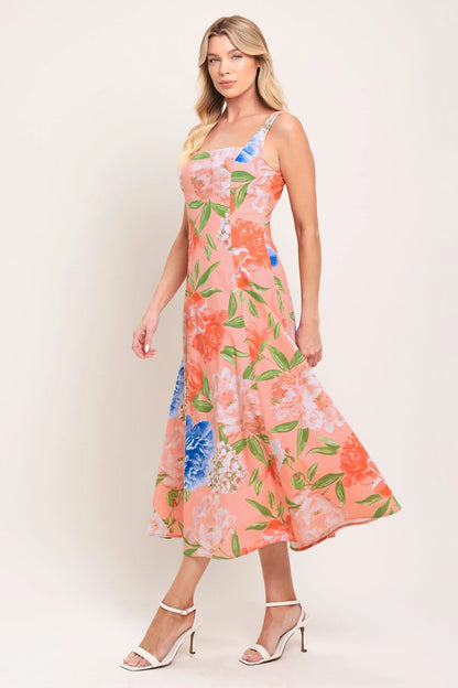 PEACH PETAL FLORAL MIDI DRESS