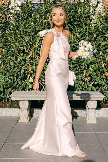 Light Blue One Shoulder Satin Sheath Long Bridesmaid Dresses