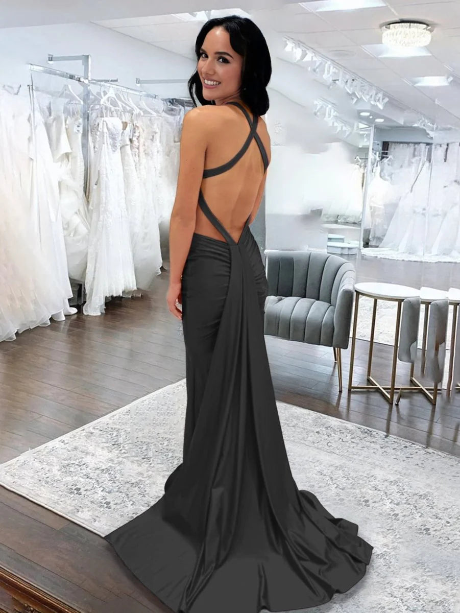 Angela Mermaid Pink V Neck Backless Satin Long Prom Dress