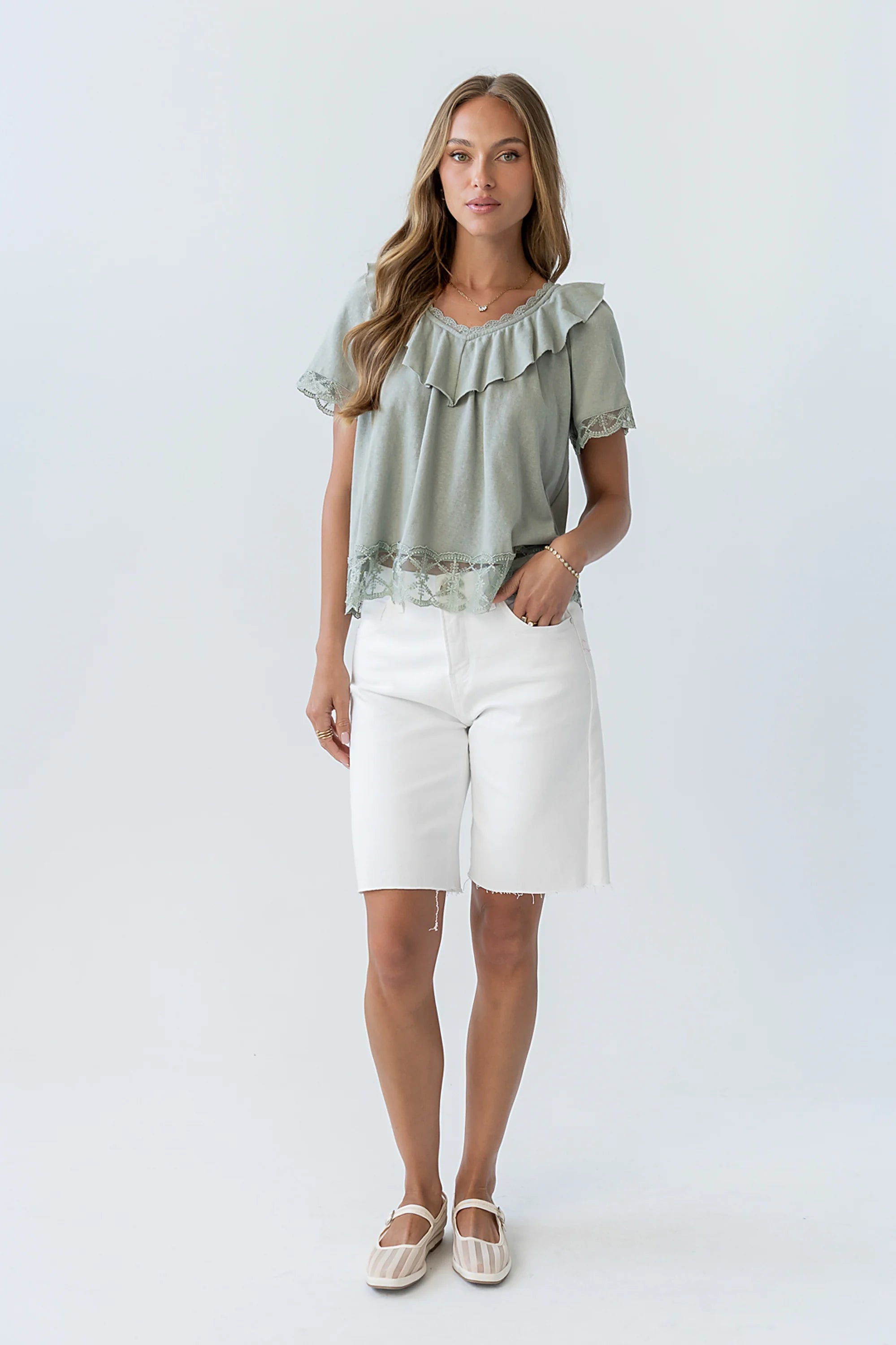 Lilian Lace Trim Top in Sage