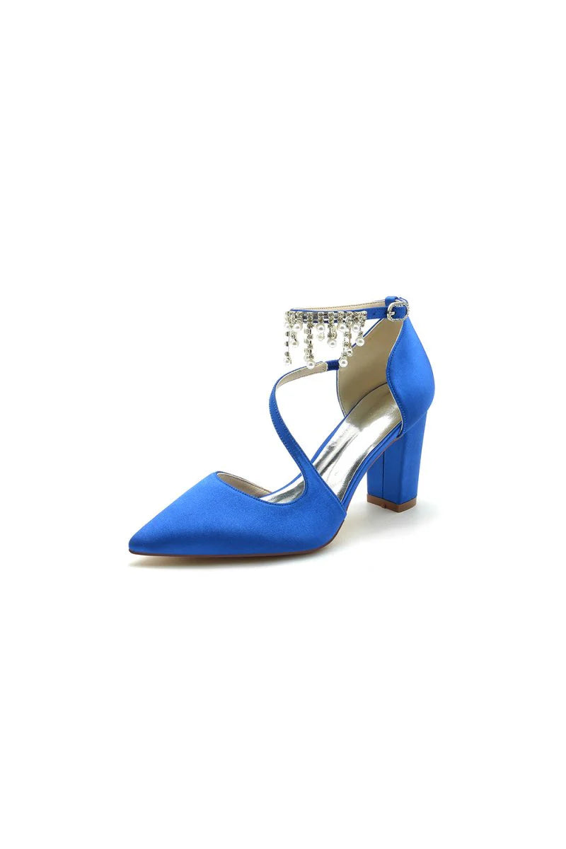 White Satin Pump with Pearl Embedded Chain Heel
