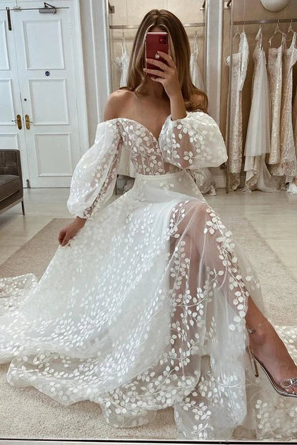 Plunging V Neck Allover Lace Bohemian Wedding Dress with Sleeves