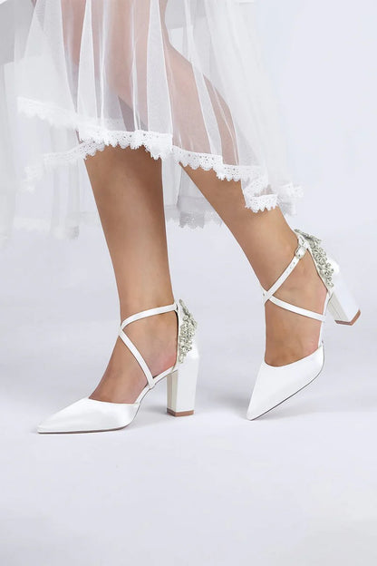 White Satin Pump with Cross Strap and Metal Accent